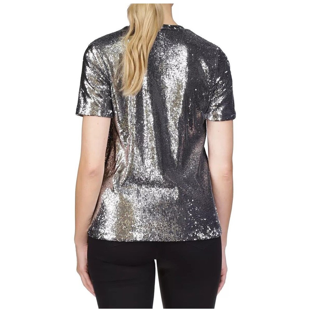 Michael Kors Sequined Stretch Tulle T-Shirt Top Black/Silver XS/S/M $155 Nwt - Picture 2 of 5